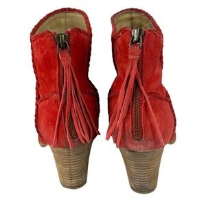 Ella Moss Tomato Red Soft Suede Tasseled Ankle Bootie with Block Heel Size 8